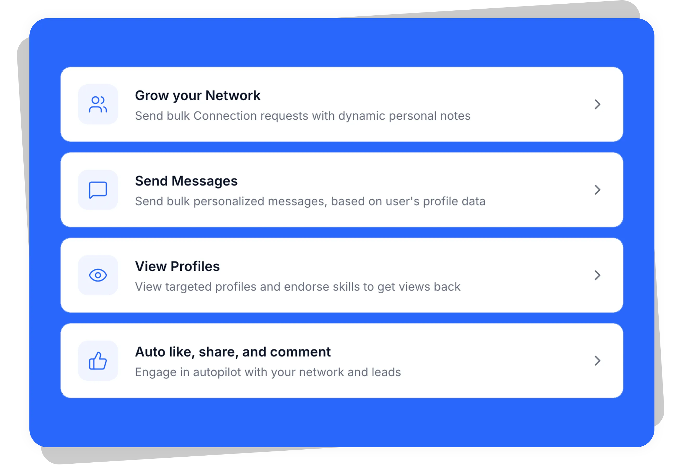 LinkedAutomate features showing Grow your Network, Send Messages, View Profiles, and Auto like share and comment cards