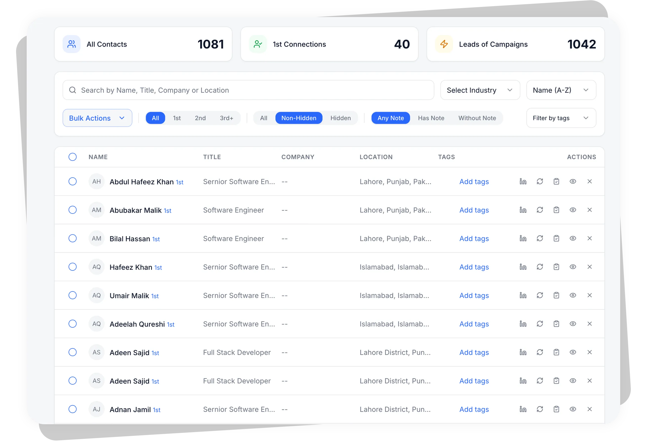 CRM interface showing organized leads with tags, filters, and contact information